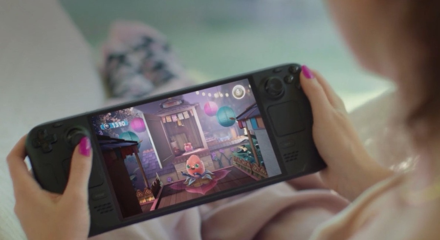 Woman Using Handheld Gaming PC