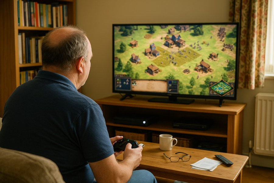 MIddle aged man playing rts game